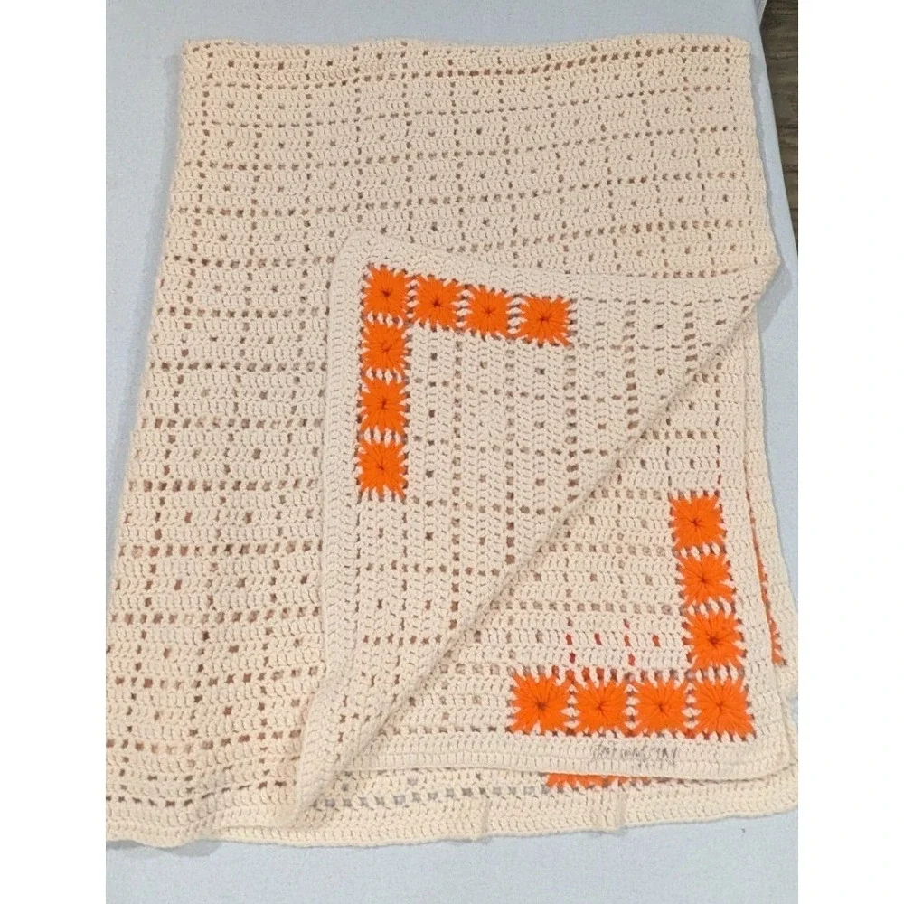 Handmade Crochet Afghan Blanket Unisex XL Cream Orange Good Vintage Boho Large